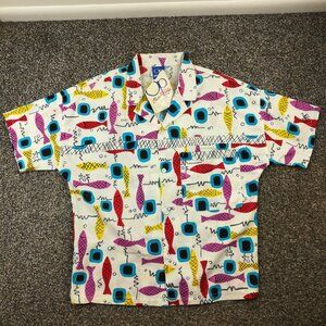 NWT Vintage OP Ocean Pacific Shirt All Over Fish Print Camp Mens Large USA Made